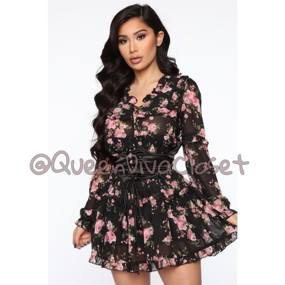 Fashionnova meadowlark floral ruffle long sleeve corset mini dress black pink M - Picture 4 of 9